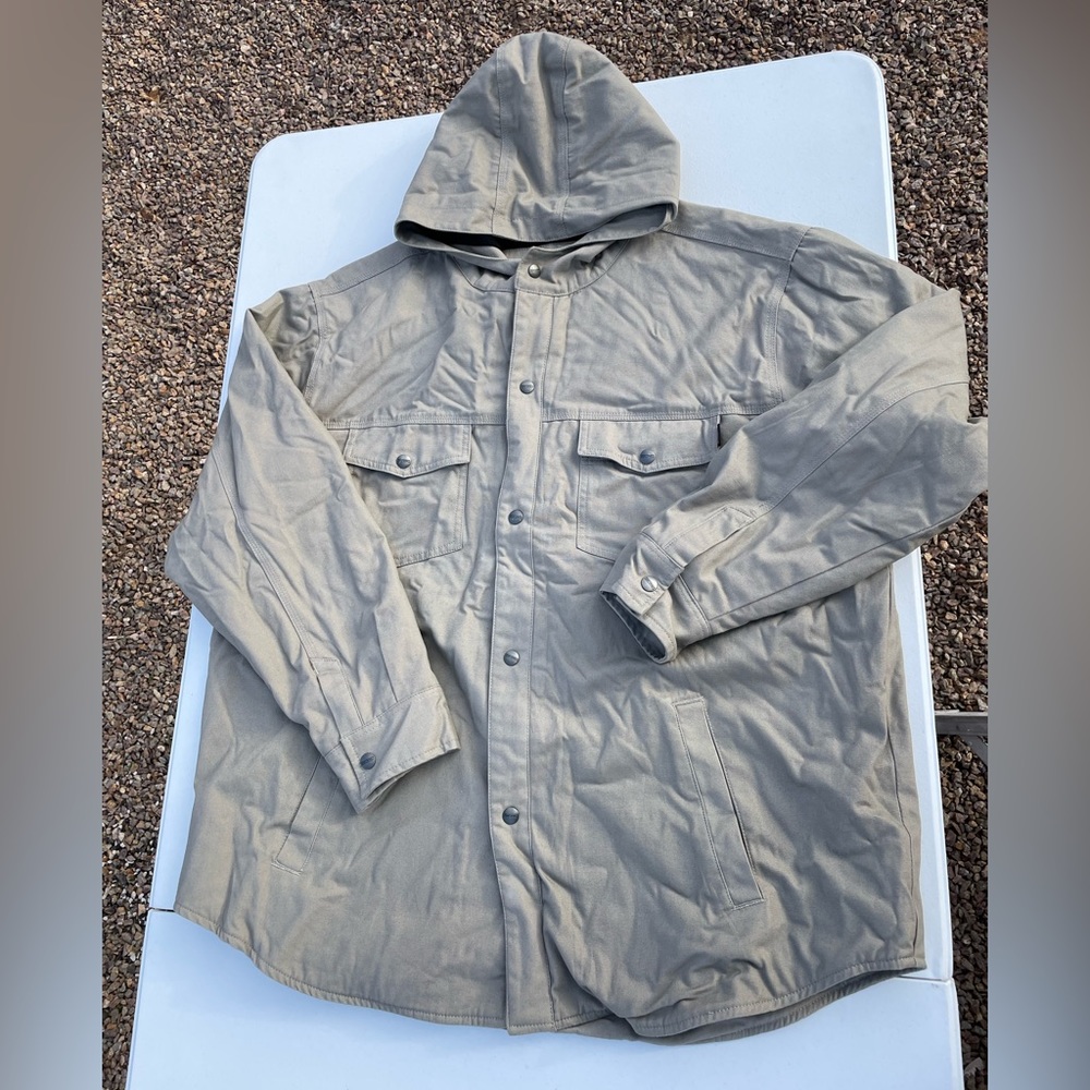 Craftsman Heavy Hooded Work Shirt Jacket Snap Closure Khaki Colored Size XL